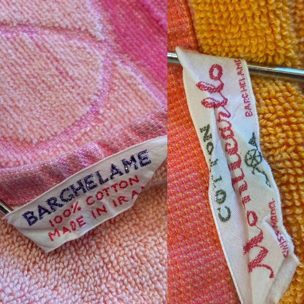 Vintage 60s towel set of 4 pink and orange retro mid century Cotton terrycloth